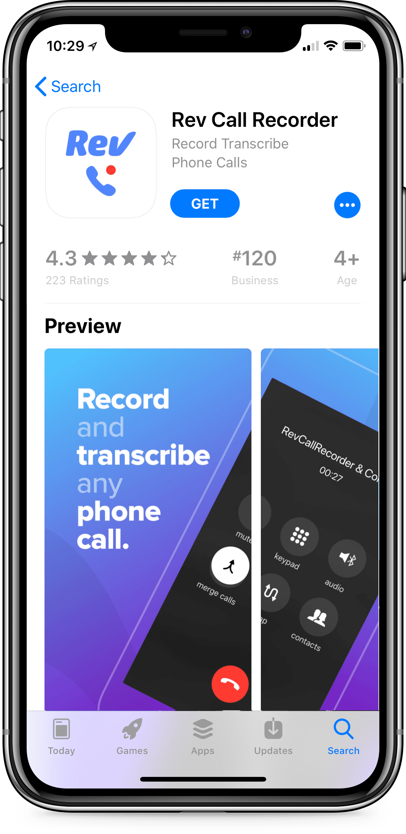 iPhone屏幕下载免费Rev Call Recorder应用程序