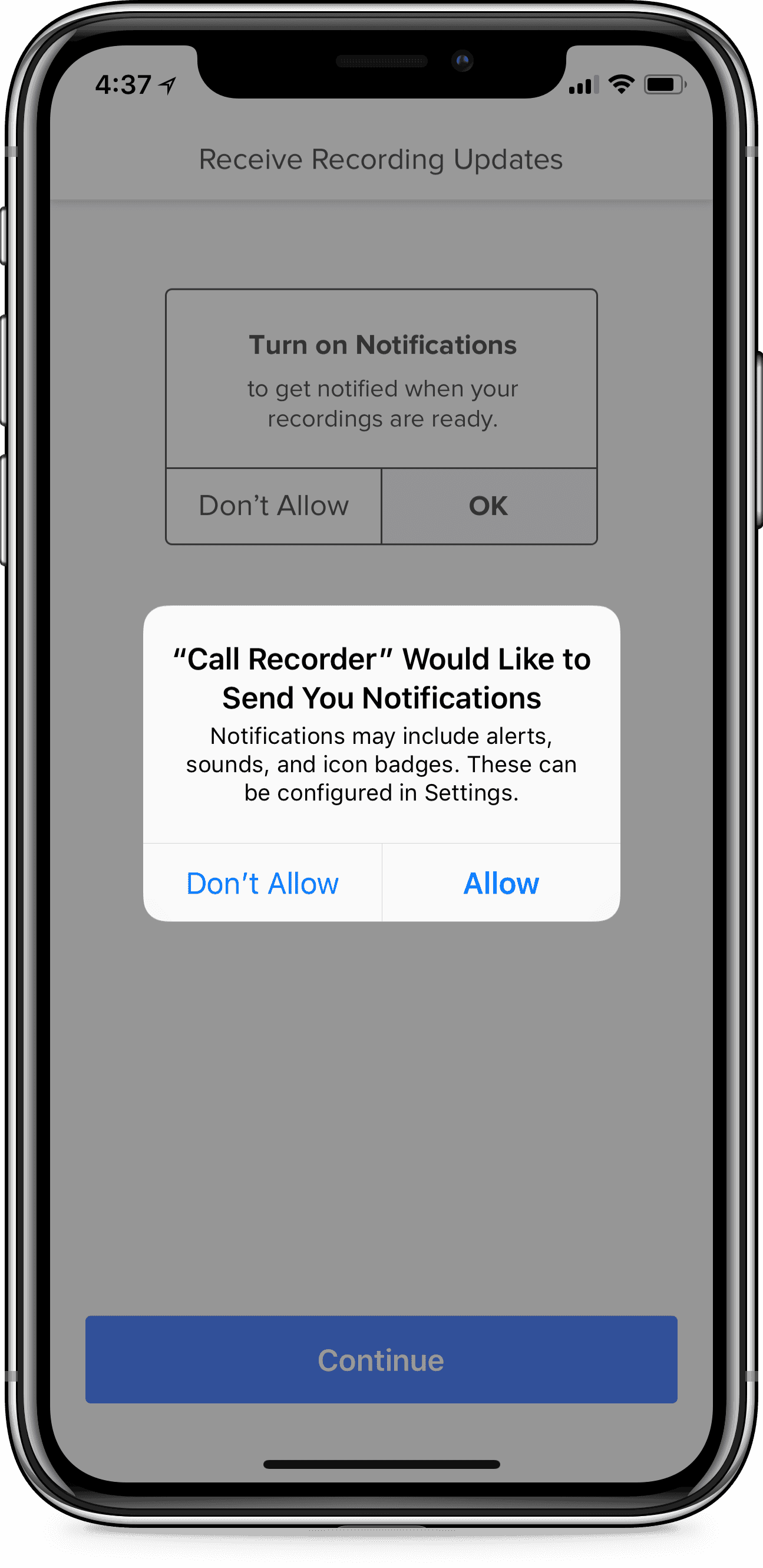呼叫记录仪的iPhone提示要求发送通知