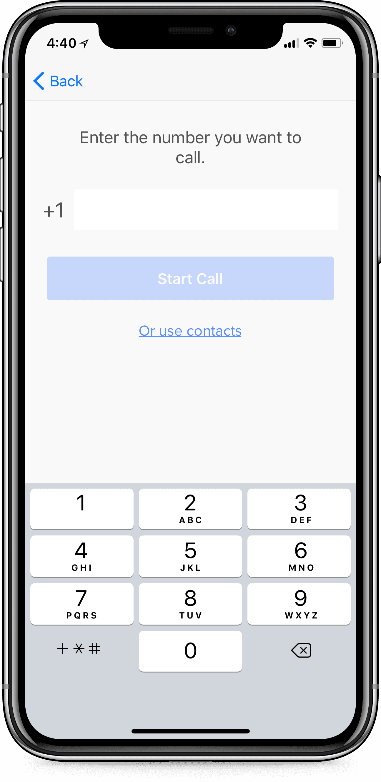 iPhone使用Rev Call Recorder应用程序屏幕读取输入你想呼叫的号码