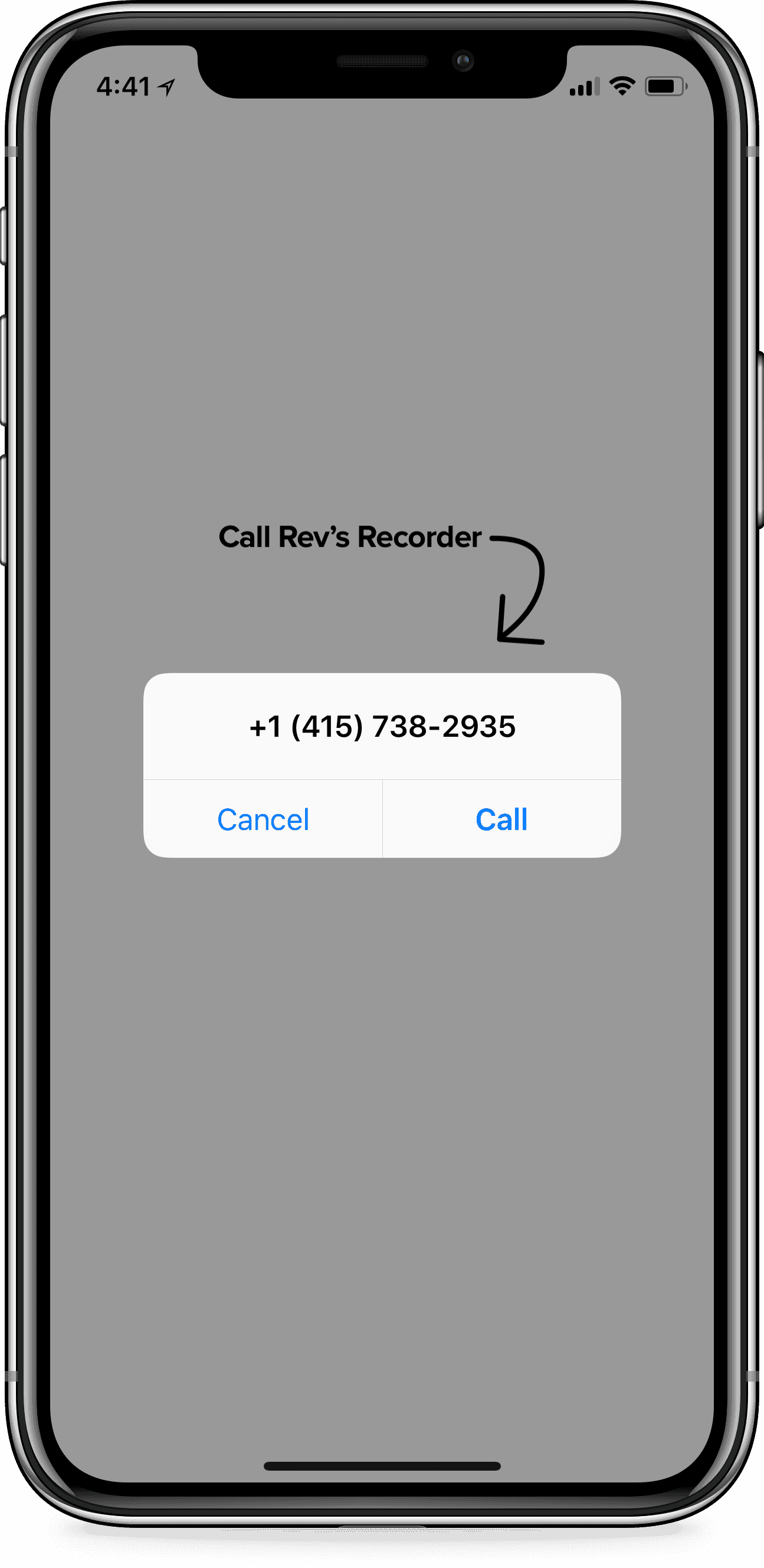 iPhone使用Rev Call Recorder应用程序，屏幕提示呼叫Rev Recorder