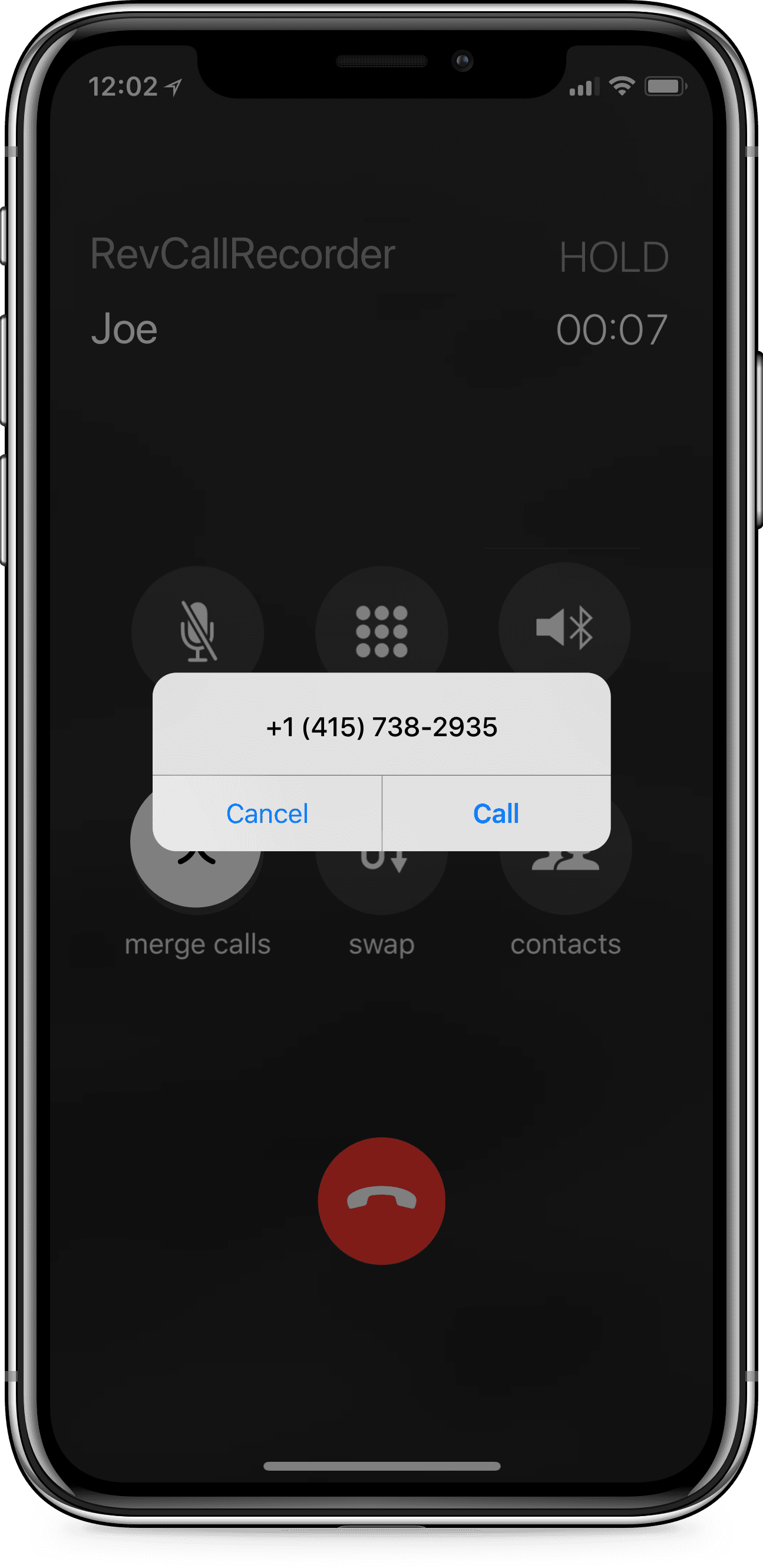 iPhone使用Rev Call Recorder应用程序录制与名叫Joe的人的呼叫