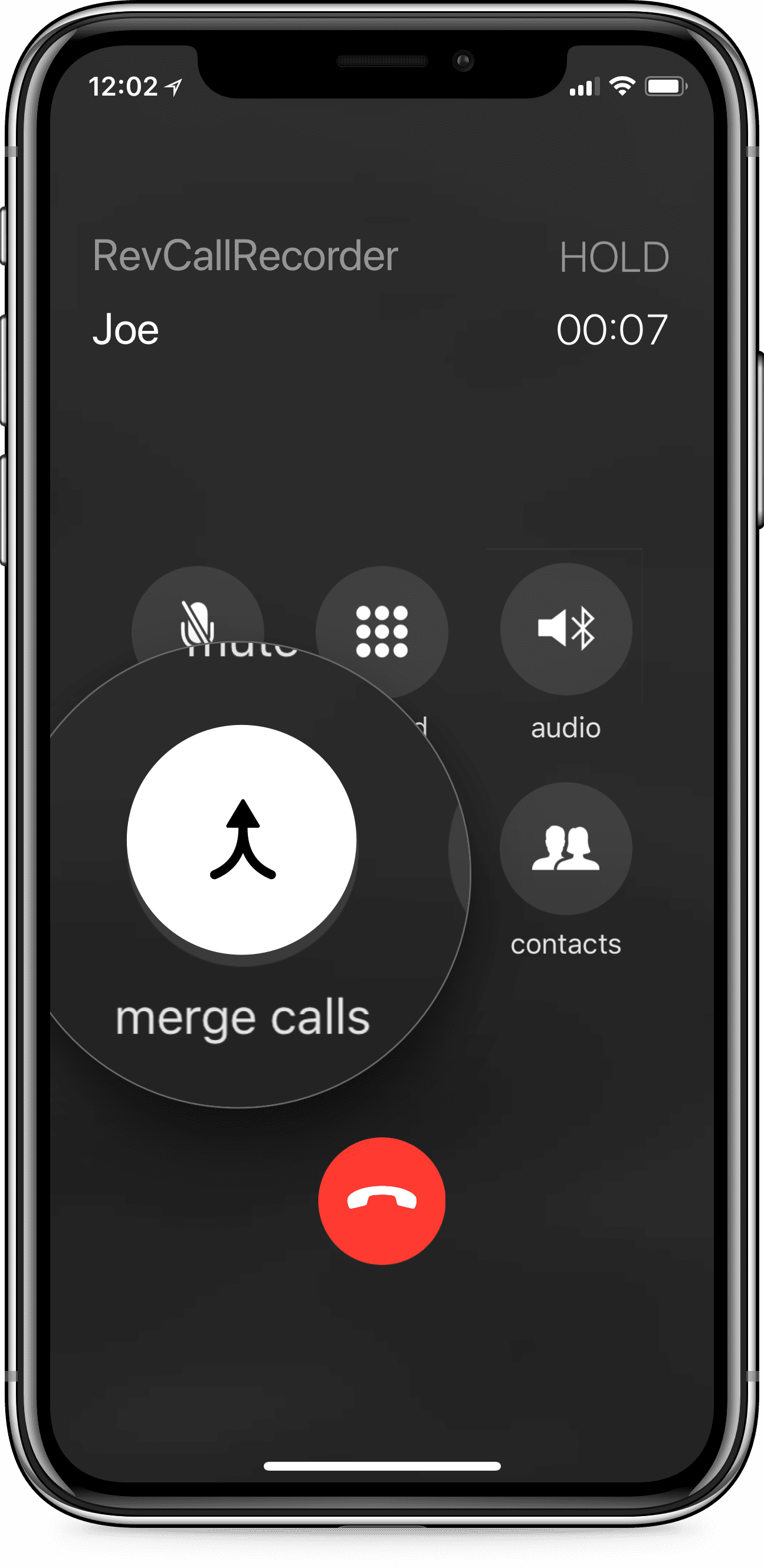 iPhone使用Rev Call Recorder应用程序，屏幕提示合并呼叫