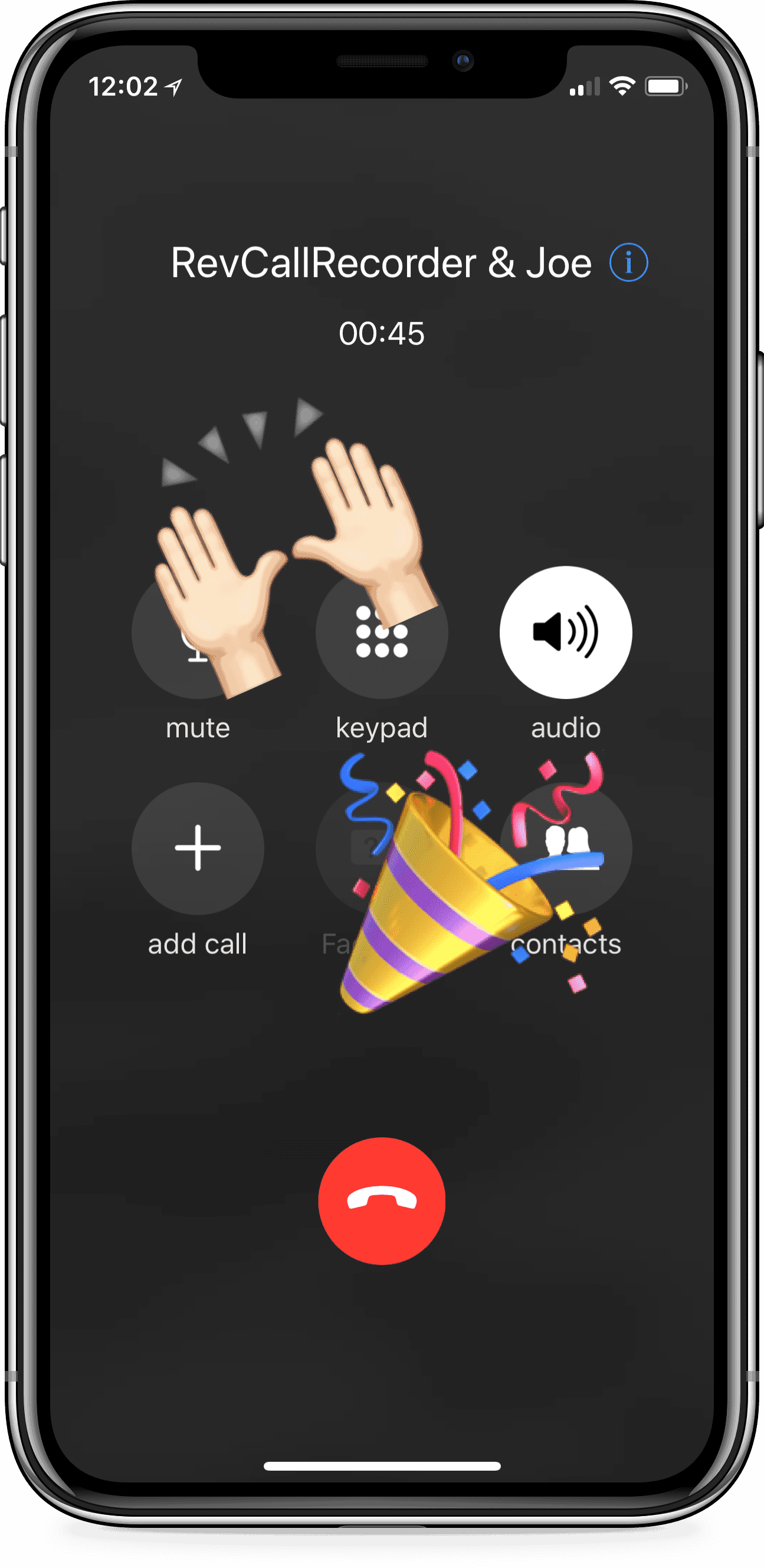 iPhone使用Rev Call Recorder应用程序，屏幕显示举手和庆祝表情符号