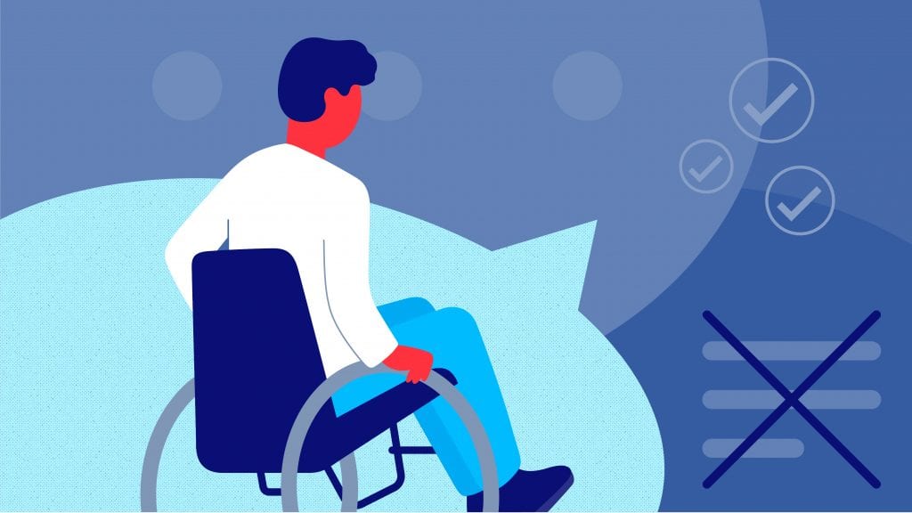 一个人坐在轮椅上，覆盖在一个对话泡沫上，被各种封闭的字幕符号包围。插图使用各种蓝色股票。