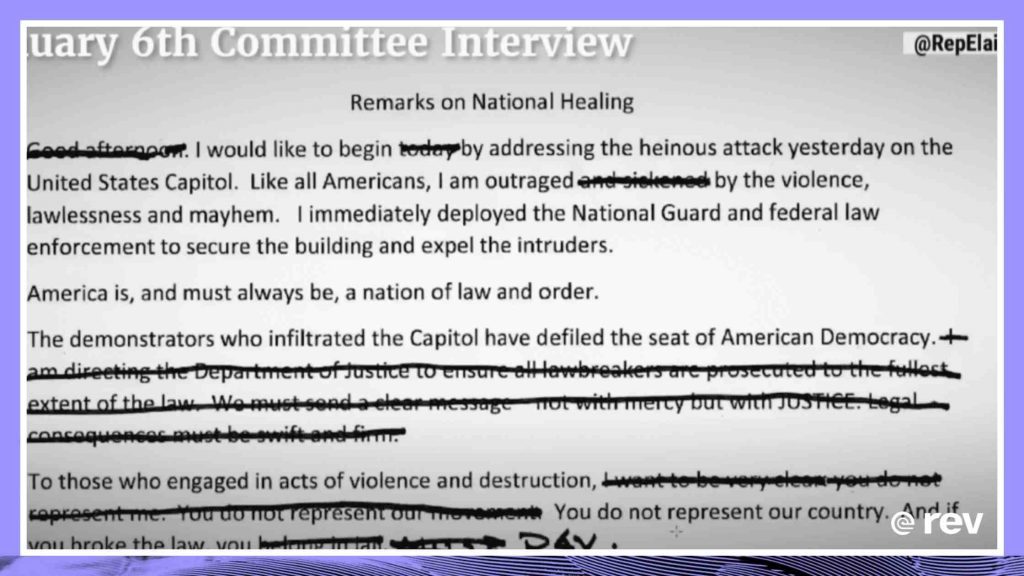 1月6日，委员会公布了特朗普在国会骚乱后演讲中被删节的证词