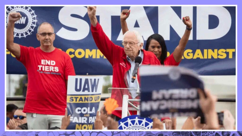 UAW联盟领袖Shawn Fain和Bernie Sanders在Rally支持攻击轨迹